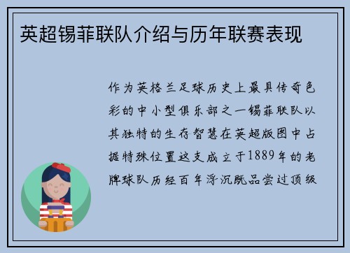 英超锡菲联队介绍与历年联赛表现